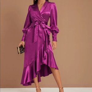 SHEIN bishop sleeve satin wrap dress